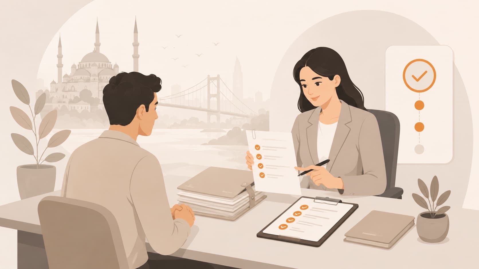 مستشارة تراجع رزمة مستندات طلب إقامة بحثًا عن النواقص