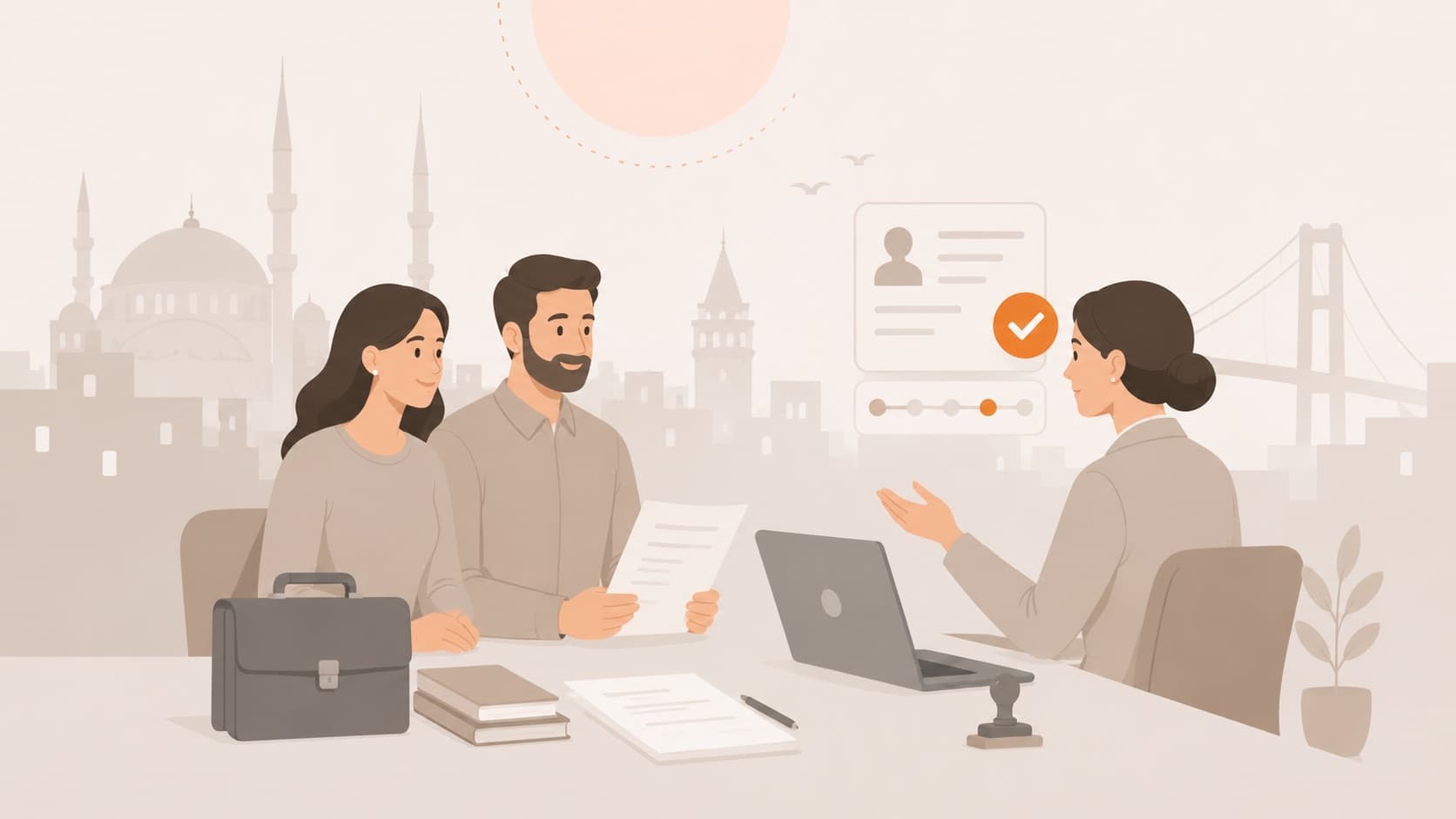موظف وصاحب عمل يراجعان طلب تصريح عمل مع مستشارة