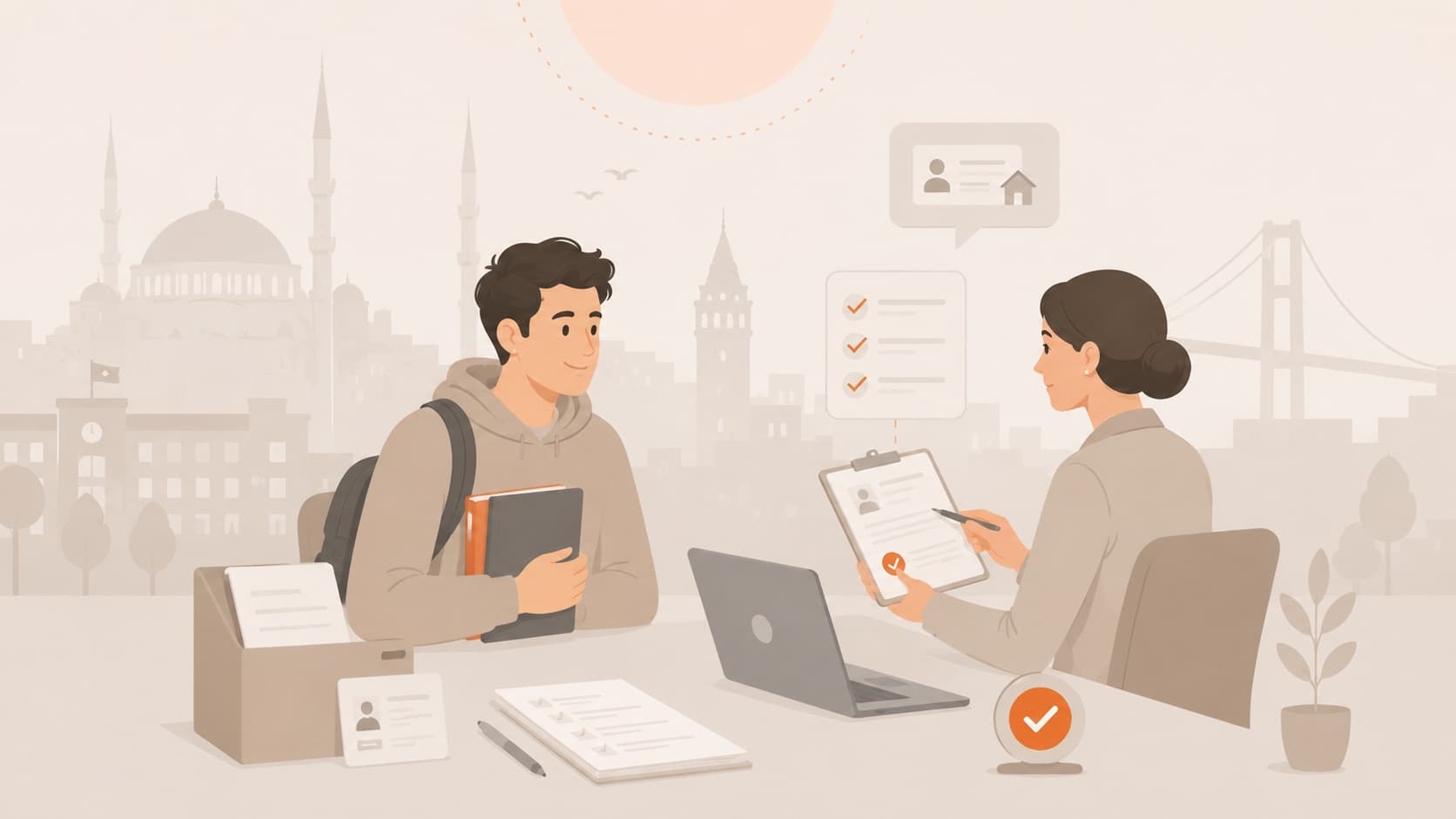 Advisor welcoming a university student to arrange his residence file